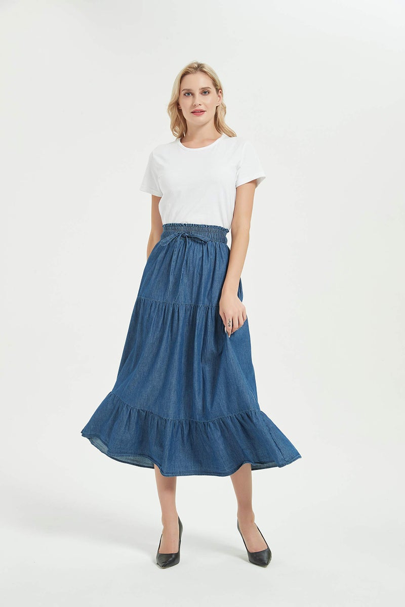 Tronjori Womens A Line Long Midi Chino Denim Skirt Tired Pleated Layers Elastic Waist Front Drawstring(S, Denim Blue) - Image 4